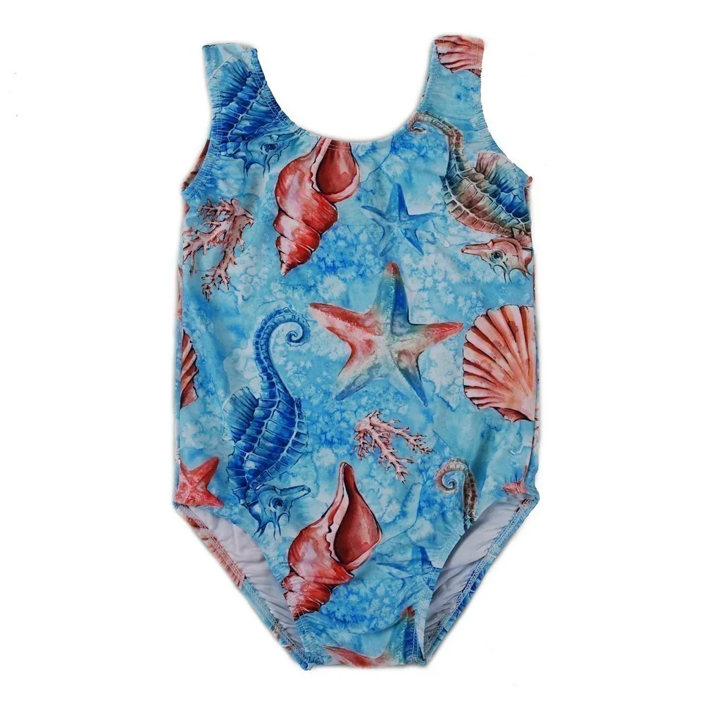 Girls Blue Sea Shield Inspired Print Lycra Leotard S (9-24M)-XL (6-8)