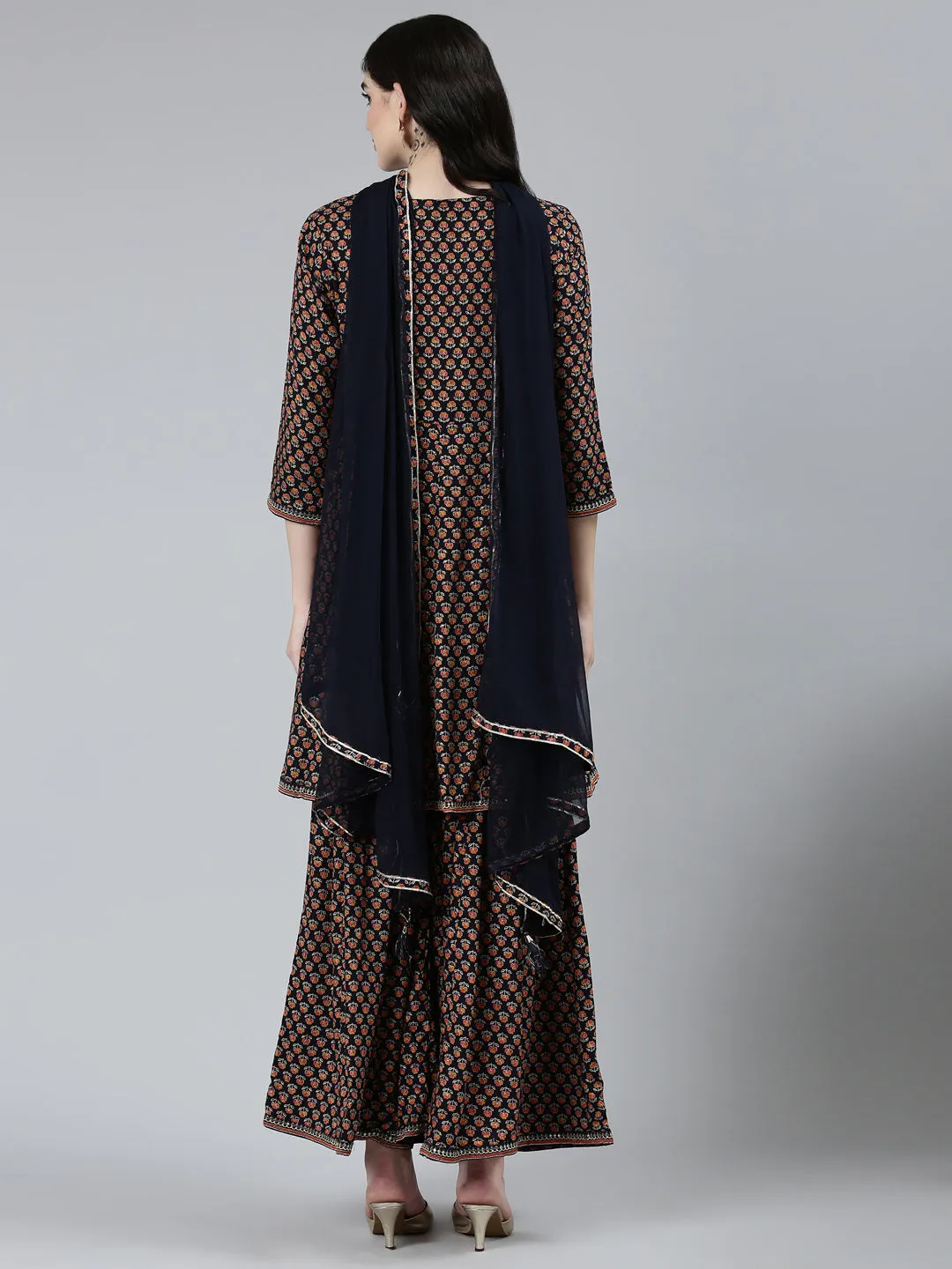 Neeru's Navy Blue Regular Straight Floral Kurta Sets And Sharara With Dupatta
